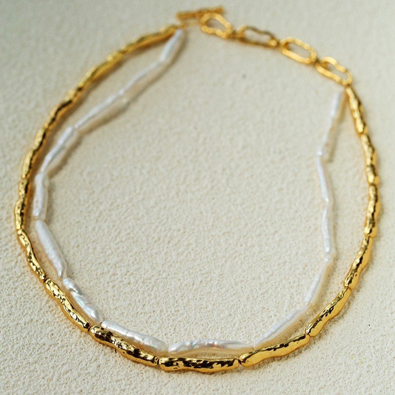 Double-Layer Baroque Stick Pearl Hammered Gold Necklace - floysun