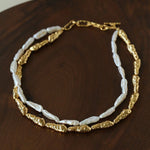 Double-Layer Baroque Stick Pearl Hammered Gold Necklace - floysun