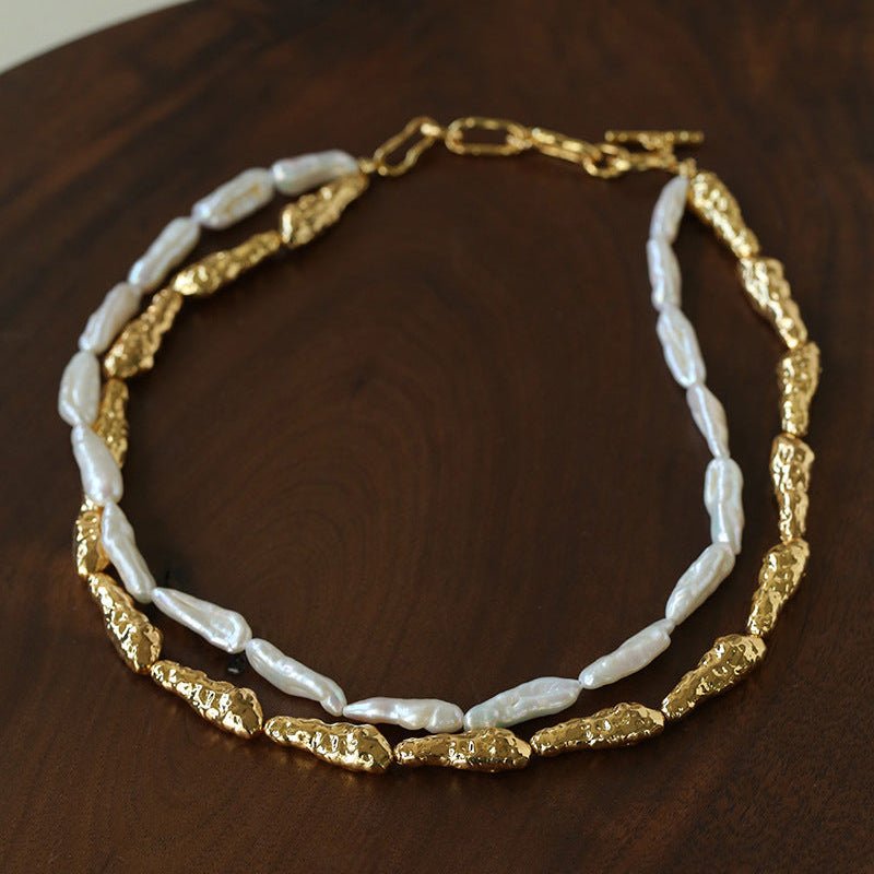 Double-Layer Baroque Stick Pearl Hammered Gold Necklace - floysun
