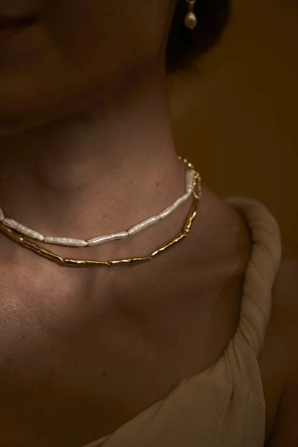 Double-Layer Baroque Stick Pearl Hammered Gold Necklace - floysun