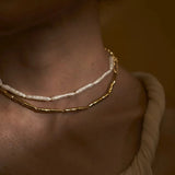 Double-Layer Baroque Stick Pearl Hammered Gold Necklace - floysun