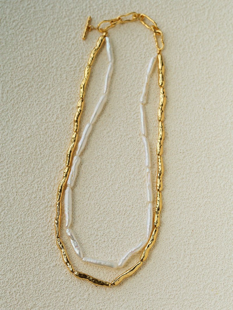 Double-Layer Baroque Stick Pearl Hammered Gold Necklace - floysun
