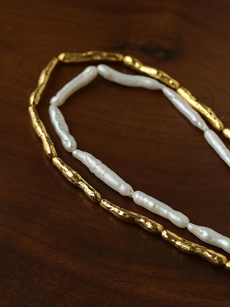 Double-Layer Baroque Stick Pearl Hammered Gold Necklace - floysun