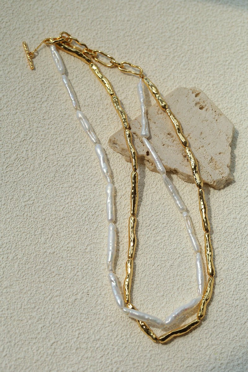 Double-Layer Baroque Stick Pearl Hammered Gold Necklace - floysun