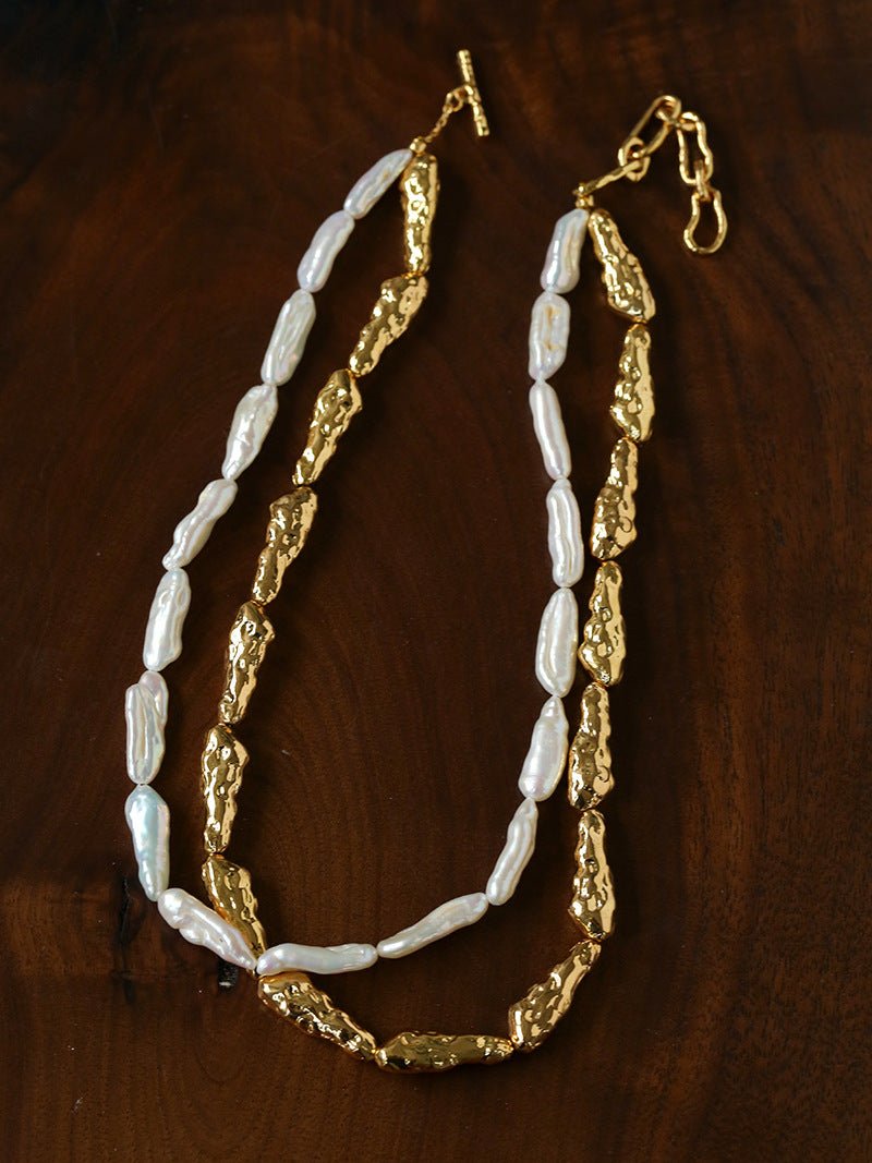 Double-Layer Baroque Stick Pearl Hammered Gold Necklace - floysun