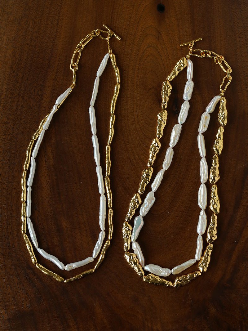 Double-Layer Baroque Stick Pearl Hammered Gold Necklace - floysun