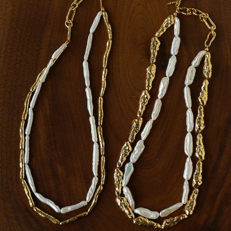 Double-Layer Baroque Stick Pearl Hammered Gold Necklace - floysun