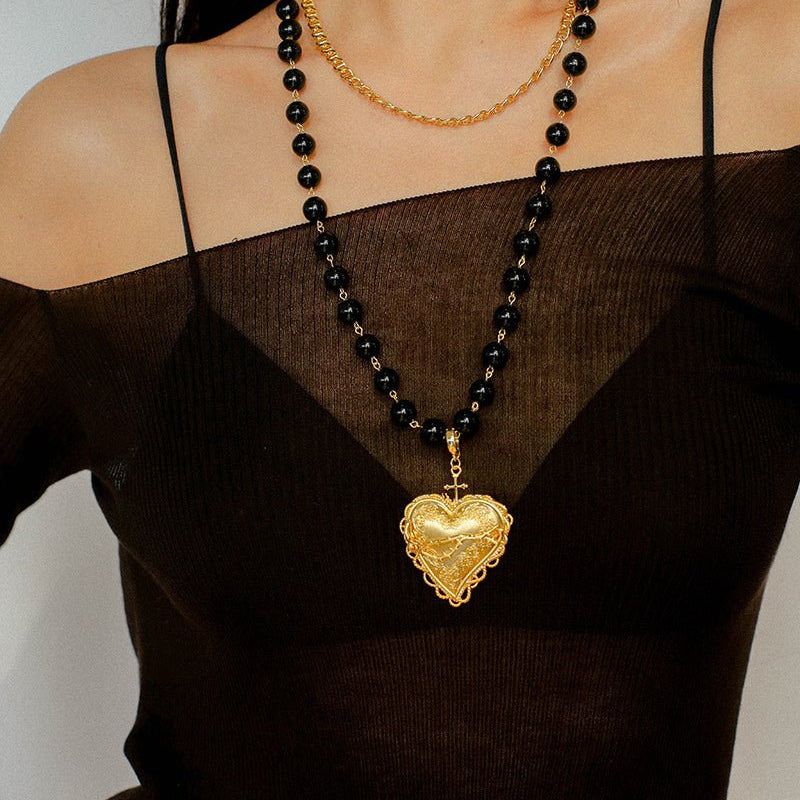 Double Layer Black Onyx Large Heart Pendant Chain Necklace - floysun