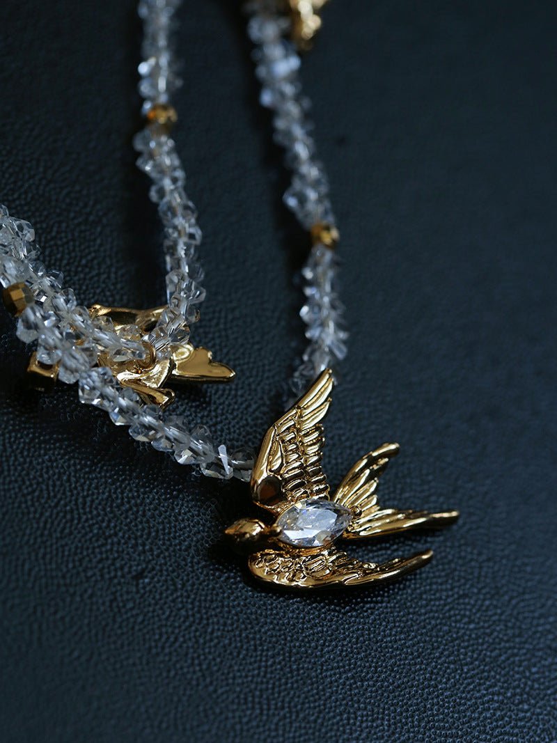 Double Layer Clear Crystal Peace Dove Pendant Necklace - floysun