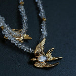 Double Layer Clear Crystal Peace Dove Pendant Necklace - floysun
