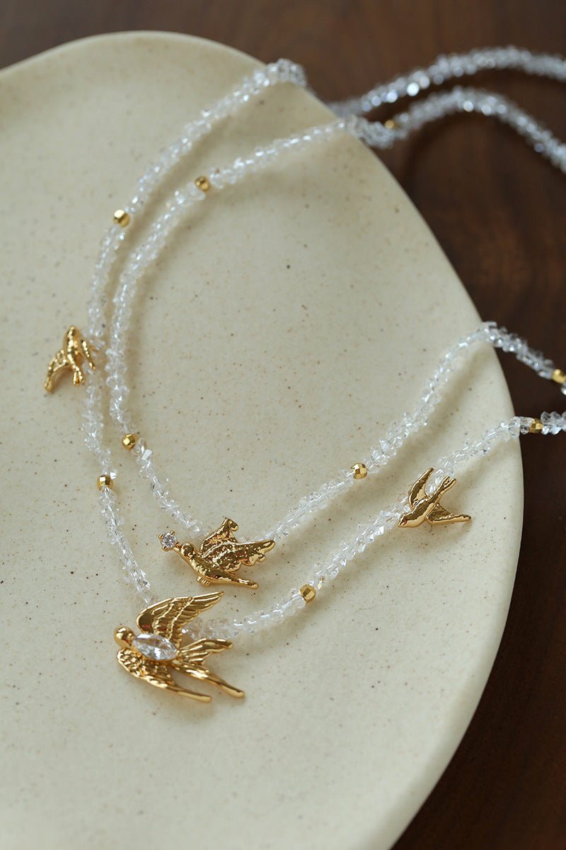 Double Layer Clear Crystal Peace Dove Pendant Necklace - floysun