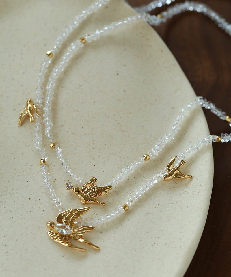 Double Layer Clear Crystal Peace Dove Pendant Necklace - floysun