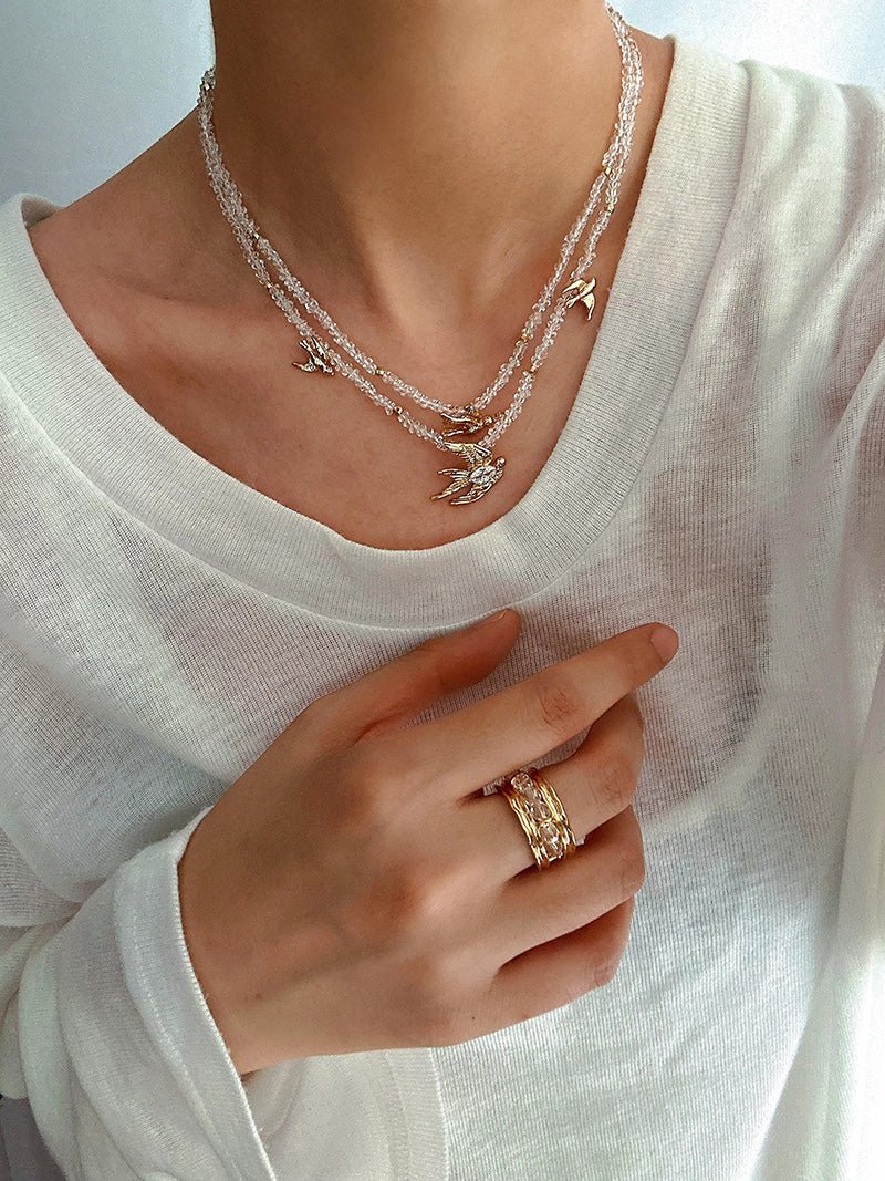 Double Layer Clear Crystal Peace Dove Pendant Necklace - floysun