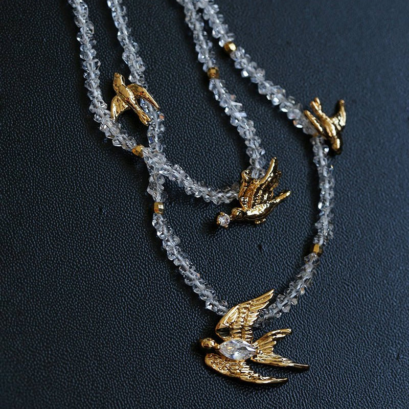 Double Layer Clear Crystal Peace Dove Pendant Necklace - floysun
