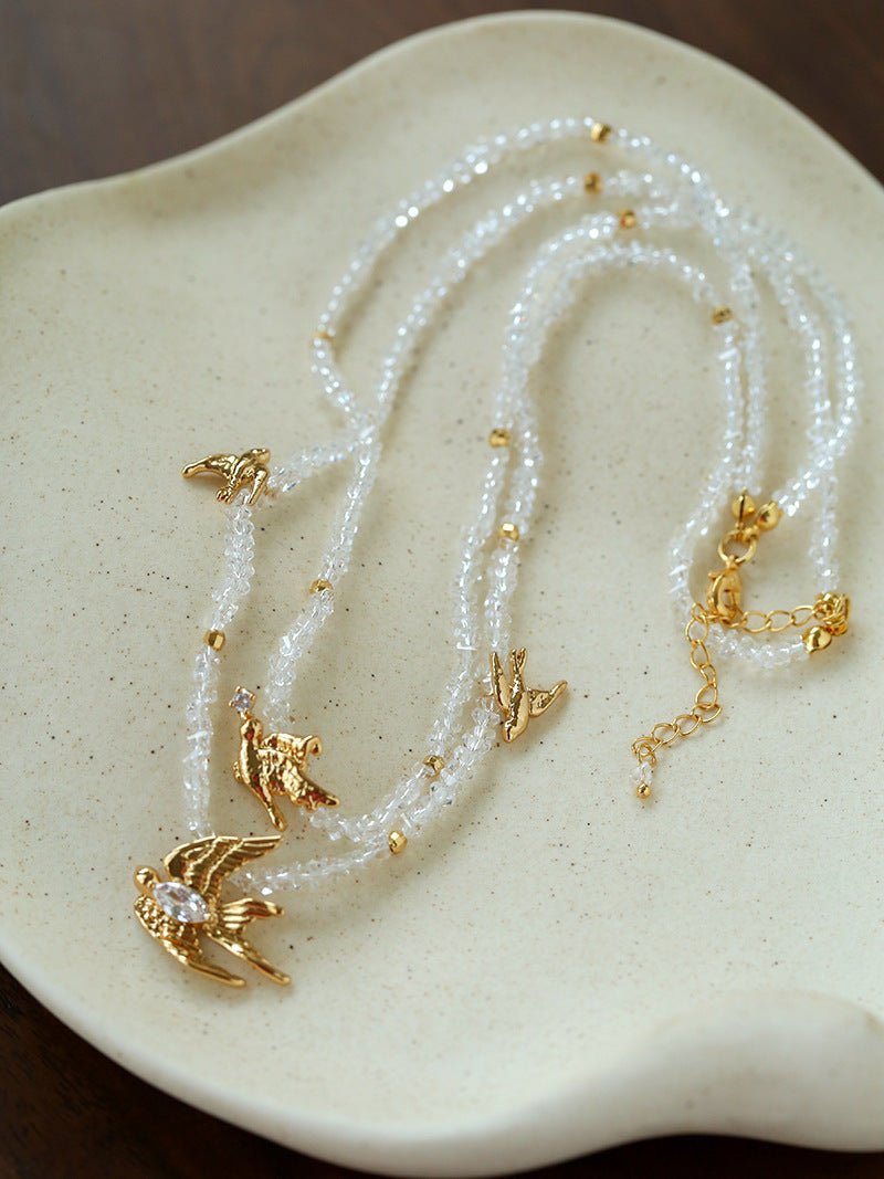 Double Layer Clear Crystal Peace Dove Pendant Necklace - floysun