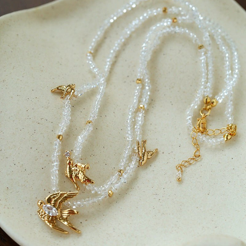 Double Layer Clear Crystal Peace Dove Pendant Necklace - floysun
