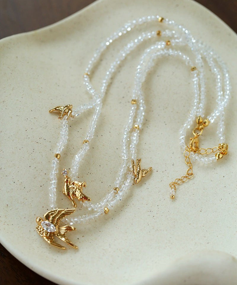 Double Layer Clear Crystal Peace Dove Pendant Necklace - floysun