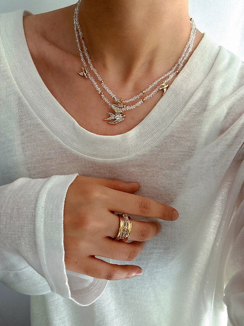 Double Layer Clear Crystal Peace Dove Pendant Necklace - floysun