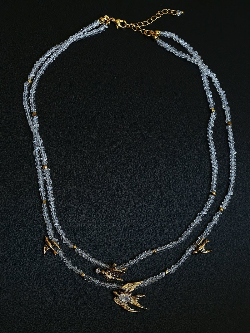 Double Layer Clear Crystal Peace Dove Pendant Necklace - floysun