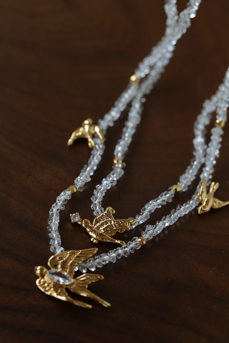 Double Layer Clear Crystal Peace Dove Pendant Necklace - floysun