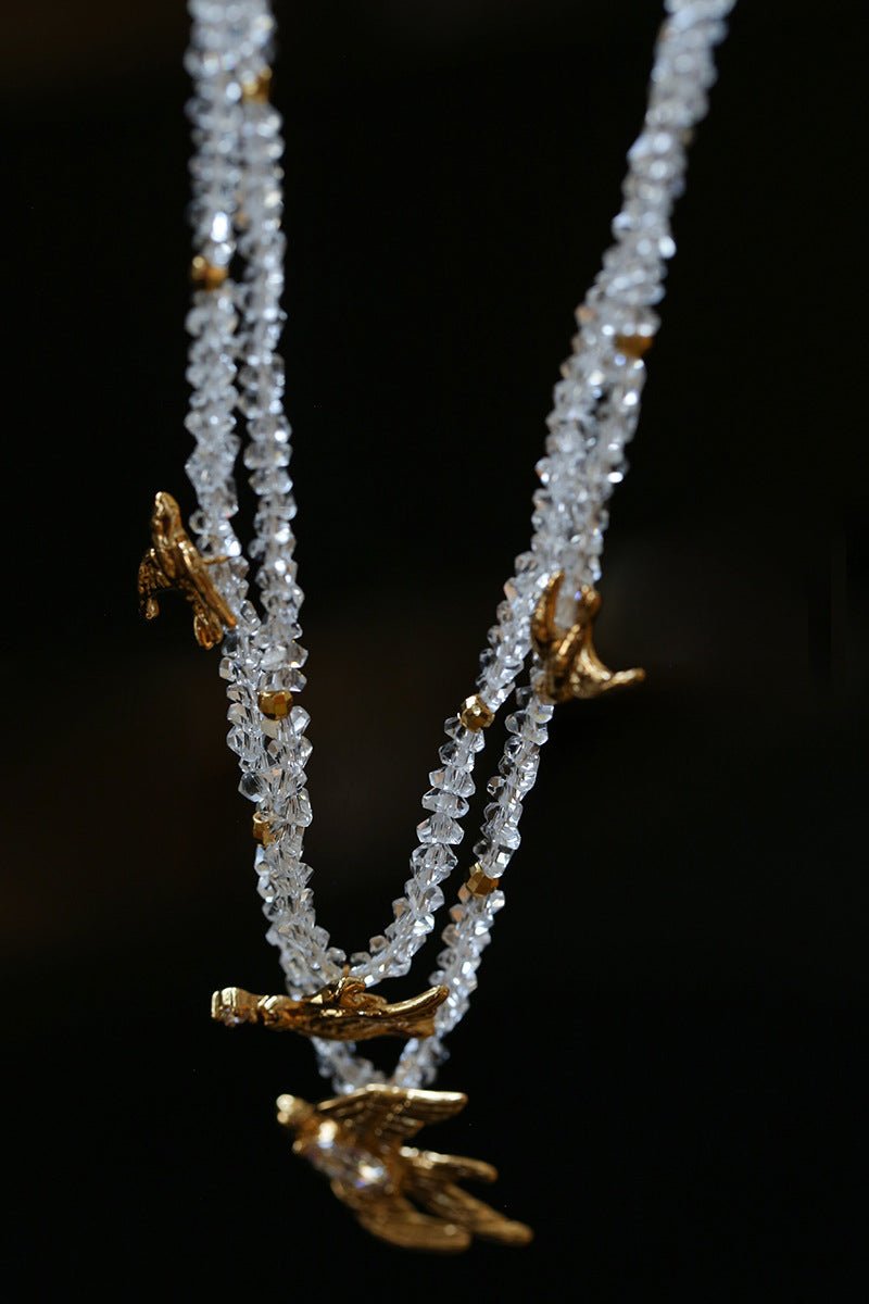 Double Layer Clear Crystal Peace Dove Pendant Necklace - floysun
