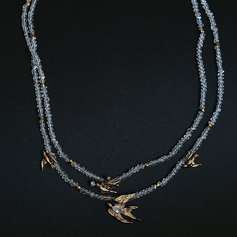 Double Layer Clear Crystal Peace Dove Pendant Necklace - floysun