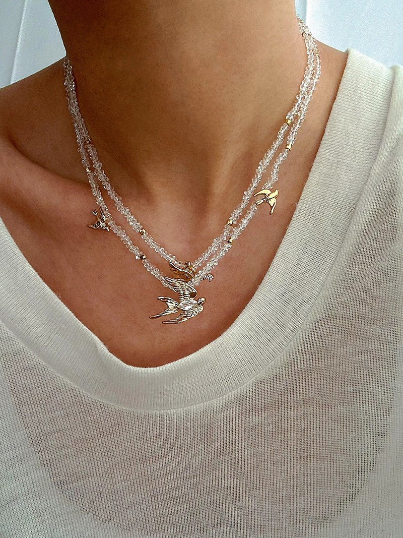Double Layer Clear Crystal Peace Dove Pendant Necklace - floysun