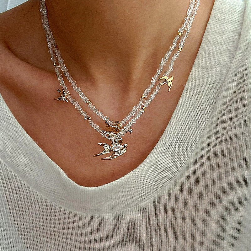 Double Layer Clear Crystal Peace Dove Pendant Necklace - floysun
