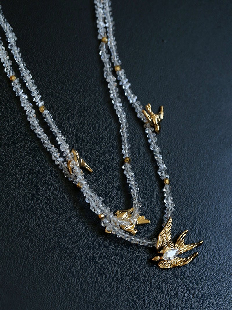 Double Layer Clear Crystal Peace Dove Pendant Necklace - floysun