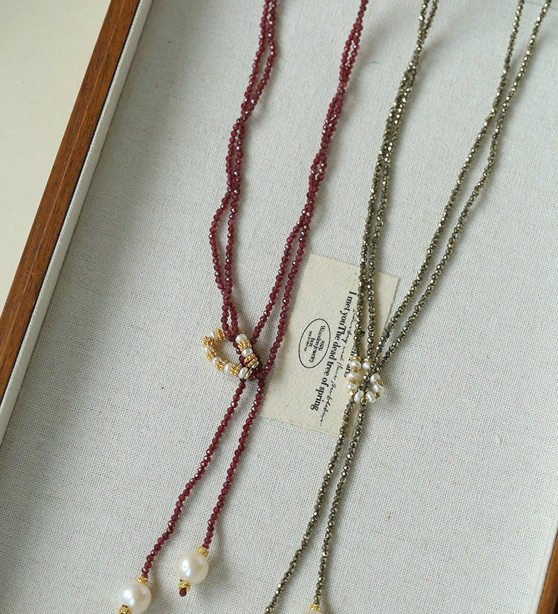 Double - Layer Faceted Gemstone Necklace with Pearl Pendant – Garnet or Gold Ore Option - floysun