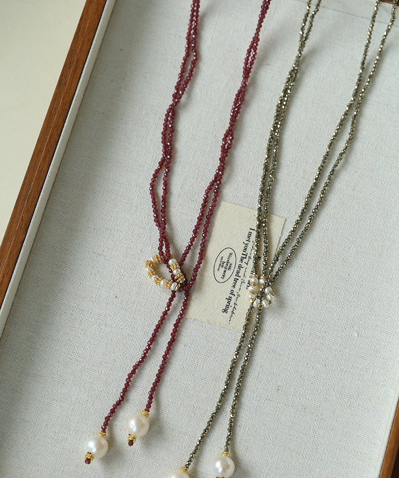 Double - Layer Faceted Gemstone Necklace with Pearl Pendant – Garnet or Gold Ore Option - floysun