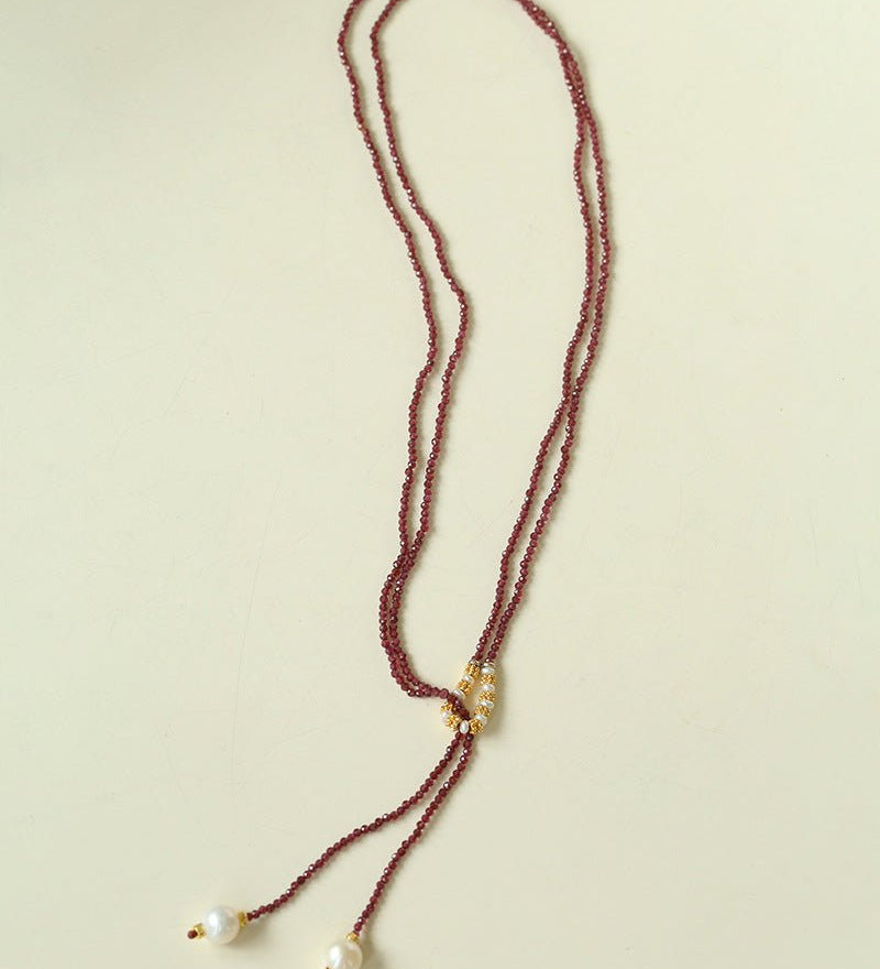 Double - Layer Faceted Gemstone Necklace with Pearl Pendant – Garnet or Gold Ore Option - floysun