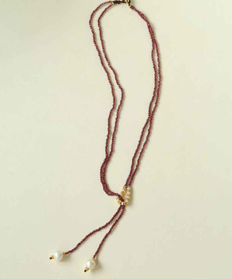 Double - Layer Faceted Gemstone Necklace with Pearl Pendant – Garnet or Gold Ore Option - floysun
