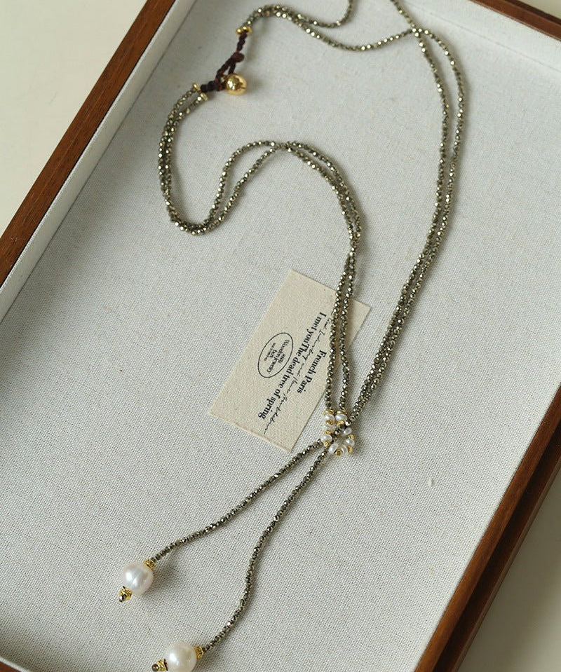 Double - Layer Faceted Gemstone Necklace with Pearl Pendant – Garnet or Gold Ore Option - floysun