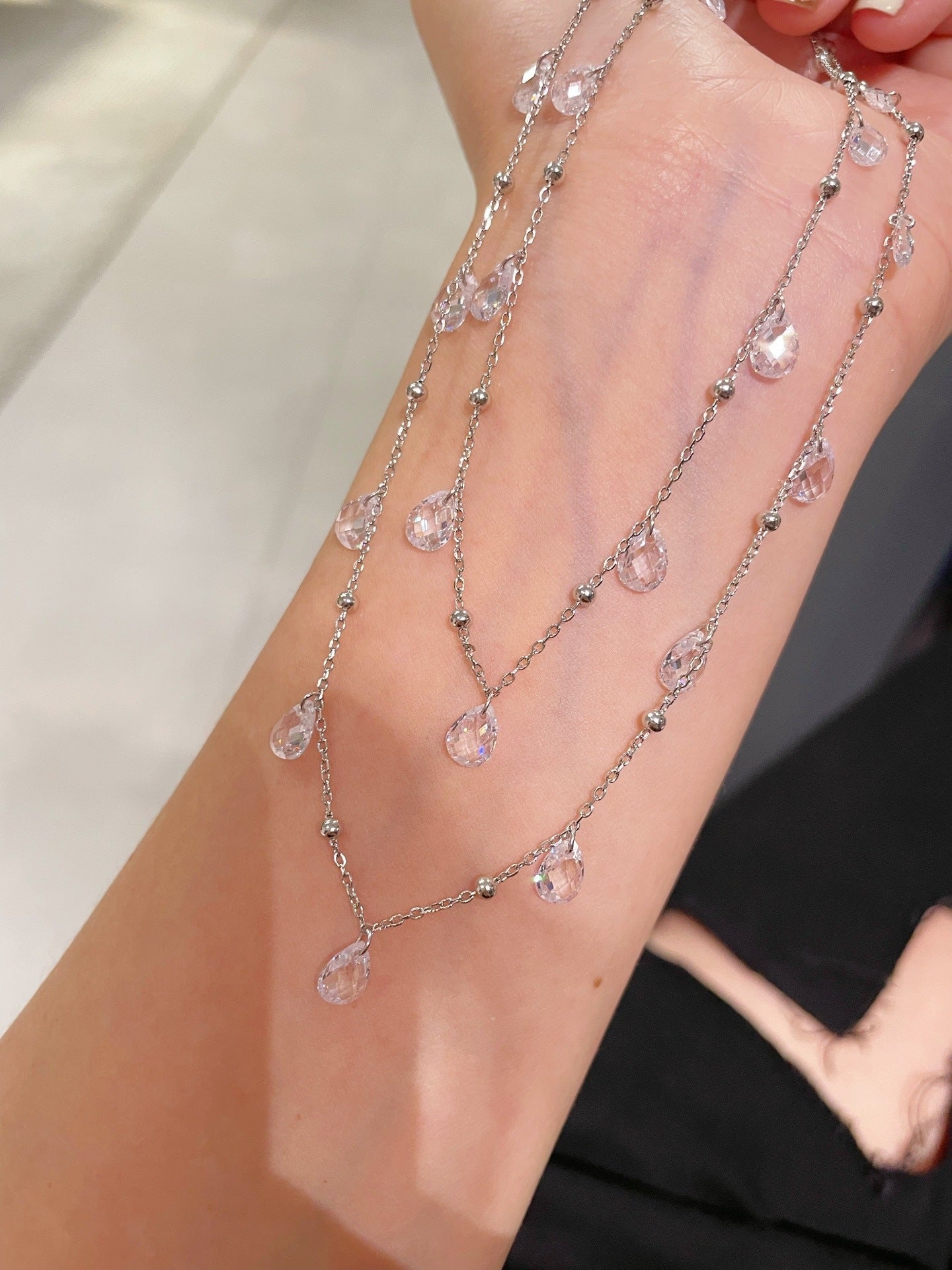 Double Layer White Diamonds Tassel Choker Necklace - floysun