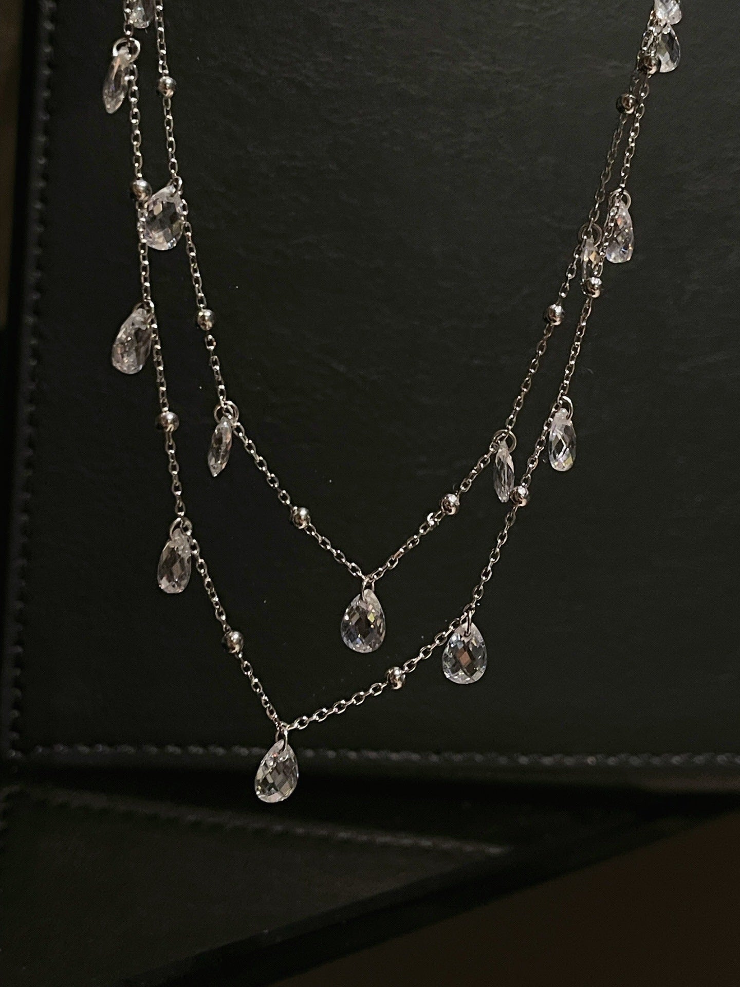 Double Layer White Diamonds Tassel Choker Necklace - floysun