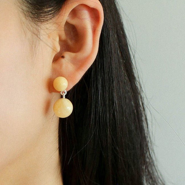 Double Natural Stone Ball Earrings-Beige Stone - floysun