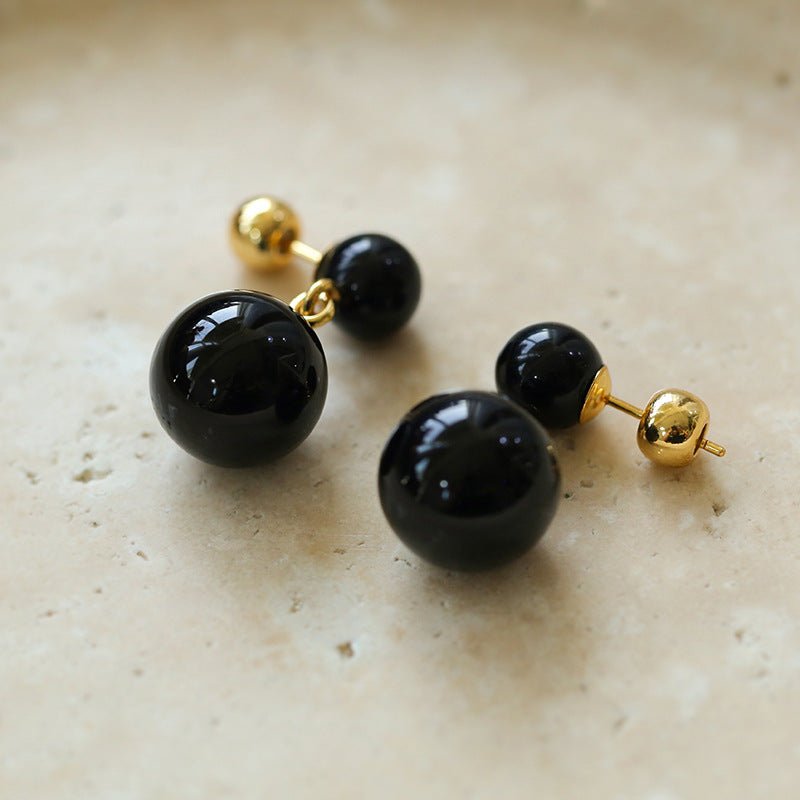 Double Natural Stone Ball Earrings-Black Onyx - floysun