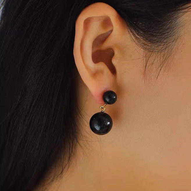 Double Natural Stone Ball Earrings-Black Onyx - floysun