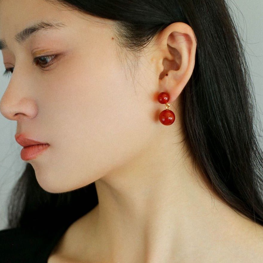 Double Natural Stone Ball Earrings-Red Onyx - floysun