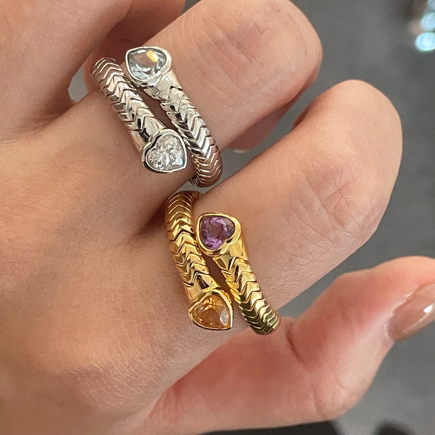 Double Snake Natural Amethyst & Citrine Wrap Ring - floysun