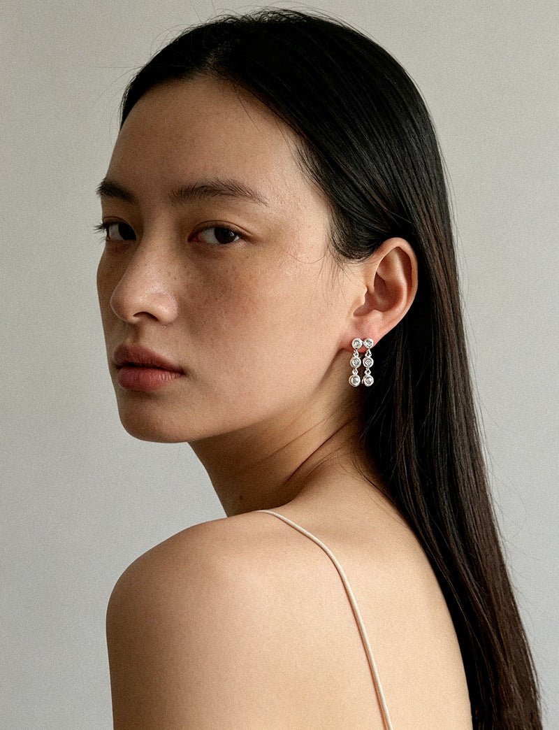 Dual Row Hammered Bezel Cubic Zirconia Tassel Drop Stud Earrings - floysun