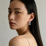 Dual Row Hammered Bezel Cubic Zirconia Tassel Drop Stud Earrings - floysun