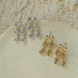 Dual Row Hammered Bezel Cubic Zirconia Tassel Drop Stud Earrings - floysun