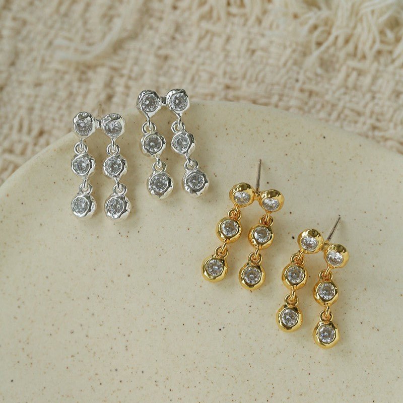 Dual Row Hammered Bezel Cubic Zirconia Tassel Drop Stud Earrings - floysun