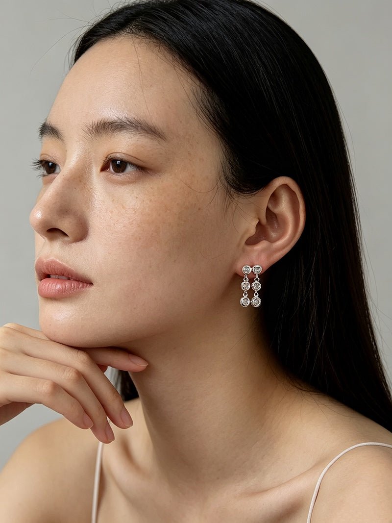 Dual Row Hammered Bezel Cubic Zirconia Tassel Drop Stud Earrings - floysun