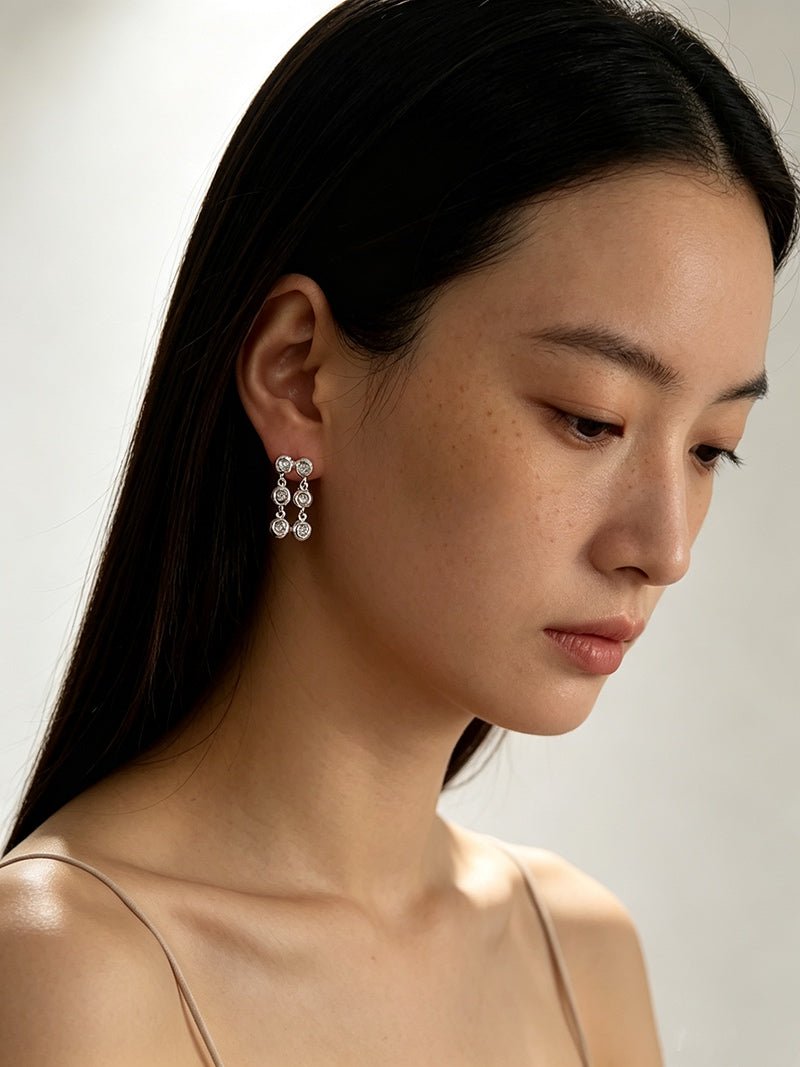 Dual Row Hammered Bezel Cubic Zirconia Tassel Drop Stud Earrings - floysun