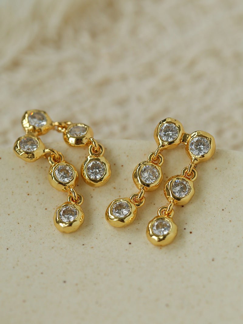 Dual Row Hammered Bezel Cubic Zirconia Tassel Drop Stud Earrings - floysun