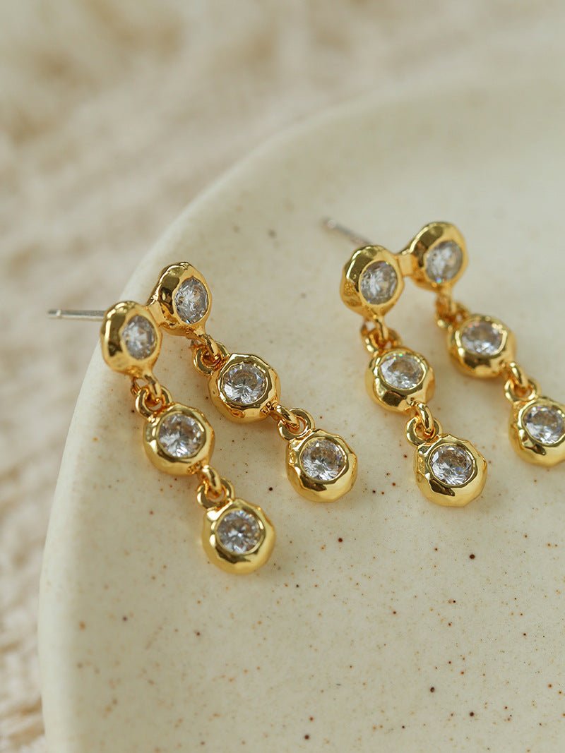 Dual Row Hammered Bezel Cubic Zirconia Tassel Drop Stud Earrings - floysun