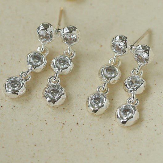 Dual Row Hammered Bezel Cubic Zirconia Tassel Drop Stud Earrings - floysun